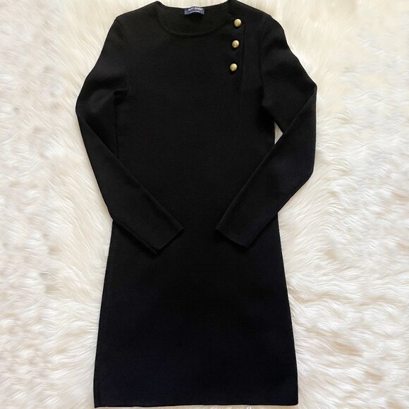 VTG Saint James Black Wool Knit Gold Button Shoulder Long Sleeve Mini Dress - Picture 1 of 10